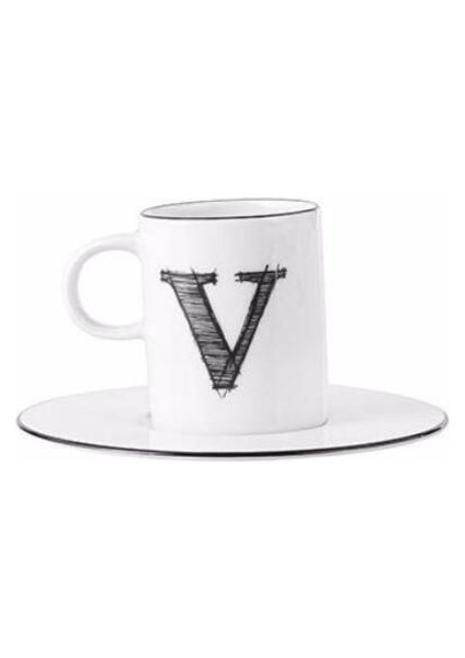 Şık Beyaz Harf V Tabaklı Kahve Fincanı 85 cc P021914