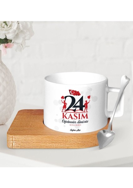 Özel Tasarımlı Renkli Seramik Fincan Takımı, Ahşap Altlıkli, Öğretmenler Günü Hediye