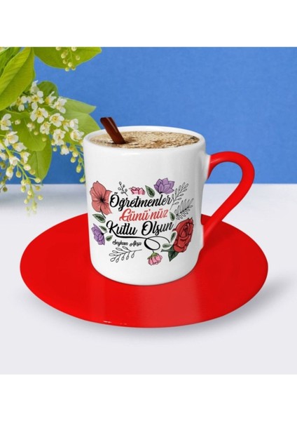 Kişiye Özel Öğretmenler Günü Kırmızı Türk Kahvesi Fincanı 5’li Set