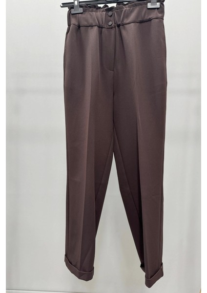 Beli Lastikli Ince Duble Paça Pantolon Kahve 5514