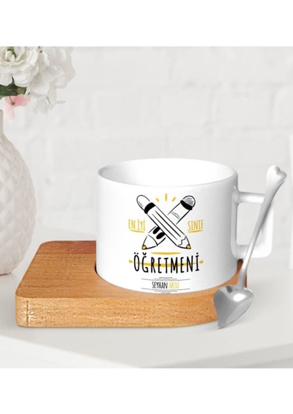 Kişiye Özel Renkli Seramik Fincan, Öğretmenlere Özel, Ahşap Altlıklı, 5'li Set