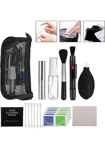 9-In-1 Lens Temizleme Kiti – Hava Üfleyici, Lenspen, Mikro-Fiber Bez, Sprey