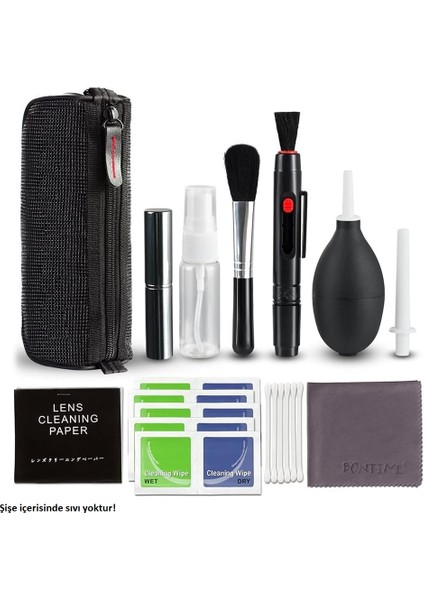 9-In-1 Lens Temizleme Kiti – Hava Üfleyici, Lenspen, Mikro-Fiber Bez, Sprey