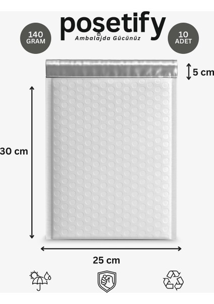 Balonlu Beyaz Kargo Poşeti 25X30+5 cm | 140 gr Bantlı Patpatlı Kargo Poşeti | 10’li E-Ticaret Poşeti