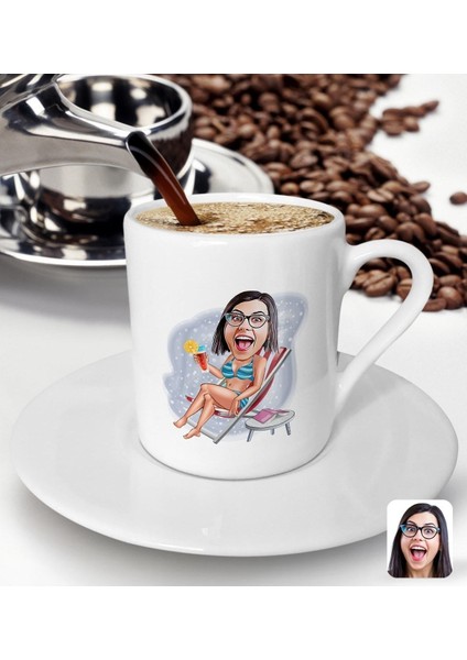 Kişiye Özel Kadın Karikatürlü Türk Kahvesi Fincanı, 2'li Set, Renkli, Şık Tasarım