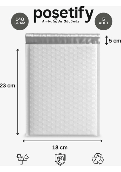 Balonlu Beyaz Kargo Poşeti 18X23+5 cm 5 Adet E-Ticaret Poşeti | 140 gr Bantlı Patpatlı Kargo Poşeti