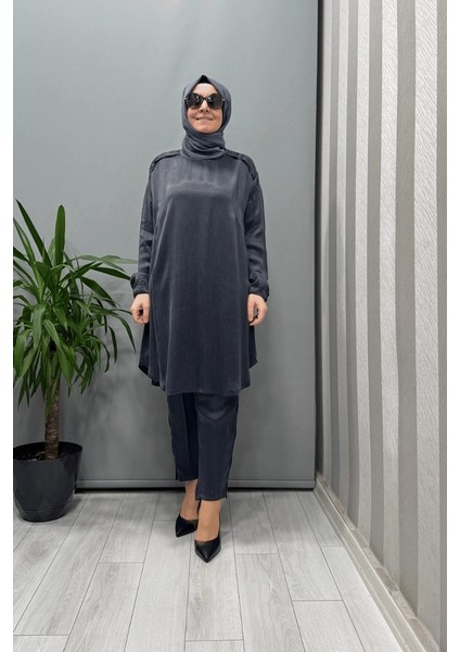 Saten Ipek Tunik Pantolon Takım Antrasit 37017