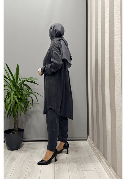 Saten Ipek Tunik Pantolon Takım Antrasit 37017 modelleri