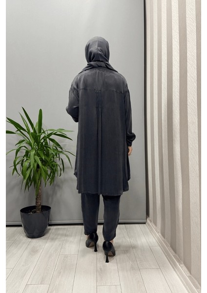 Saten Ipek Tunik Pantolon Takım Antrasit 37017 indirimleri