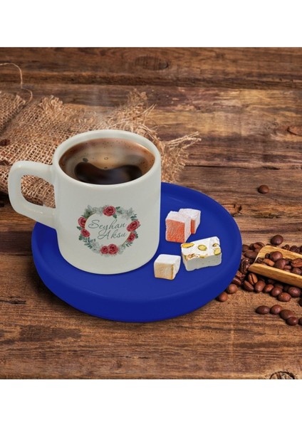 Kişiye Özel Mavi Sunum Tabaklı Çiçekli Türk Kahvesi Fincanı 8'li Set