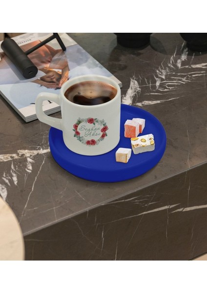 Kişiye Özel Mavi Sunum Tabaklı Çiçekli Türk Kahvesi Fincanı 8'li Set fiyatları
