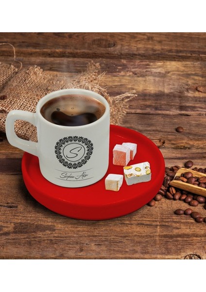 Kişiye Özel Kırmızı Sunum Tabaklı Isimli Kahve Fincanı Seti 2'li