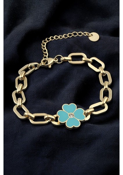 Multijewel Çelik Turkuaz Renginde Yonca Bileklik