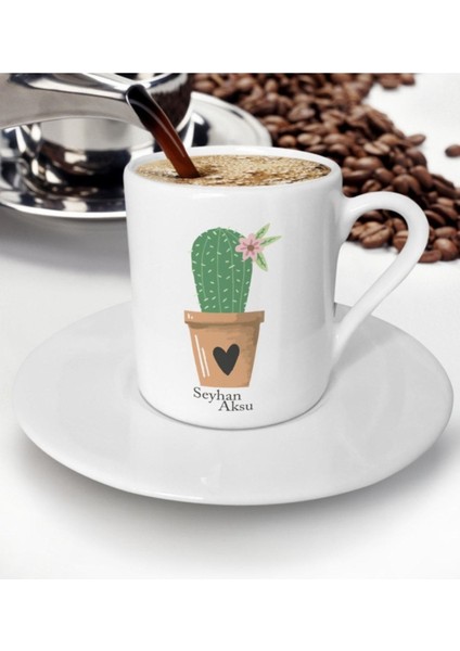 Kişiye Özel Renkli Kaktüs Temalı Türk Kahvesi Fincanı, 6'lı Set