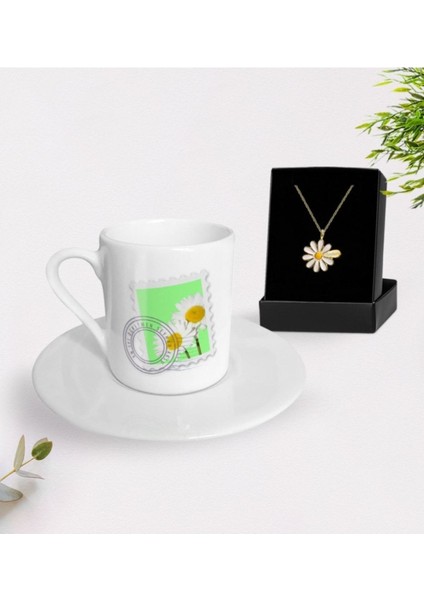 Kişiye Özel Papatya Temalı Öğretmen Hediye Seti, Kahve Fincanı ve Isimli Kolye