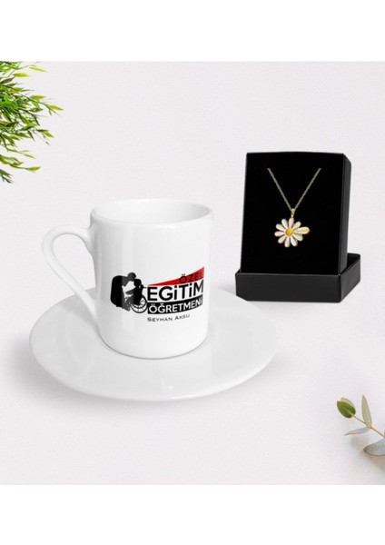 Kişiye Özel Türk Kahvesi Fincanı ve Papatya Kolye Hediye Seti