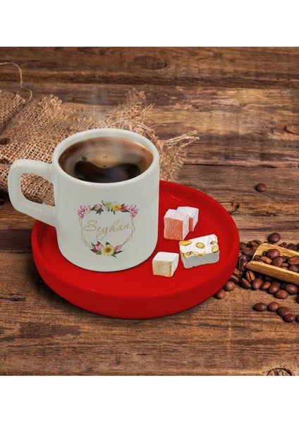Kişiye Özel Kırmızı Sunum Tabaklı Çiçekli Türk Kahvesi Fincanı Model 9