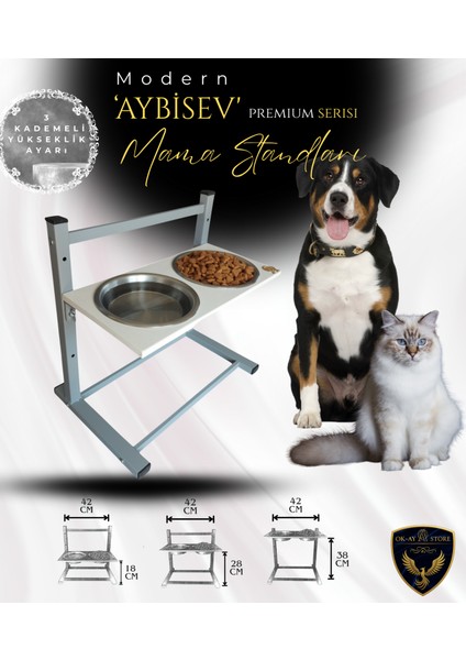 Aybisev Serisi Kedi ve Orta-Büyük Irk Köpekler Için 3 Kademeli Yükseklik Ayarlı Paslanmaz Mama Su Standı