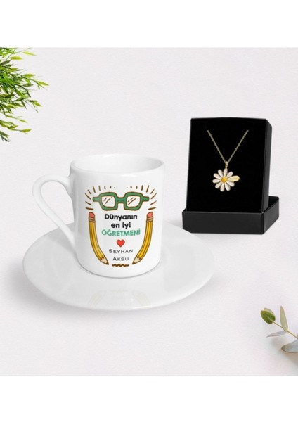 Kişiye Özel Öğretmen Temalı Kahve Fincanı ve Papatya Kolye Hediye Seti