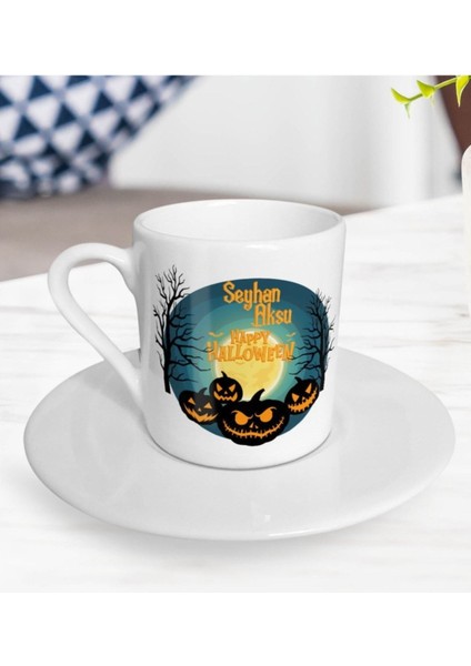 Renkli Kişiye Özel Halloween Temalı Türk Kahvesi Fincanı, 14'lü Set