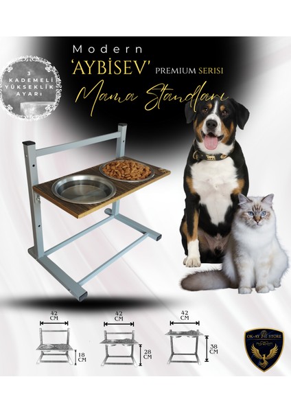Aybisev Serisi Kedi ve Orta-Büyük Irk Köpekler Için 3 Kademeli Yükseklik Ayarlı Paslanmaz Mama Su Standı
