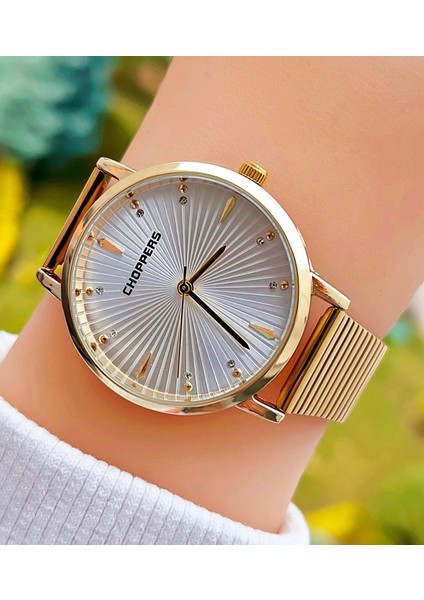 Altın Renk Taşlı Çelik Kordon Vintage Kadın Kol Saati