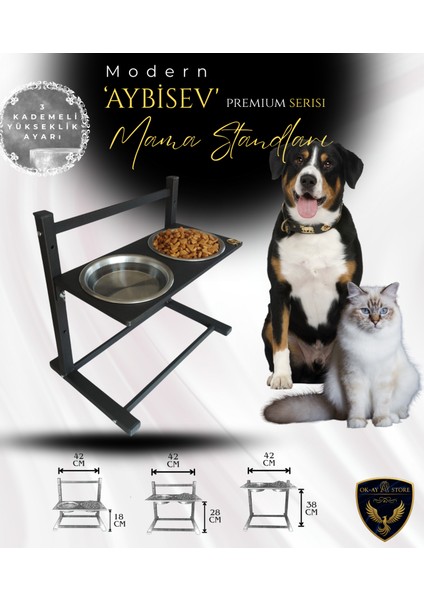 Aybisev Serisi Kedi ve Orta-Büyük Irk Köpekler Için 3 Kademeli Yükseklik Ayarlı Paslanmaz Mama Su Standı