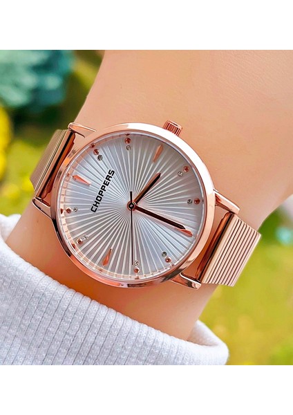 Rose Gold Renk Taşlı Çelik Kordon Vintage Kadın Kol Saati