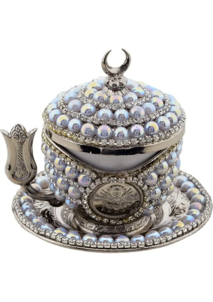 Şık 4 Parça Gümüş Renk Lale Saplı ve Taşlı Fincan Seti