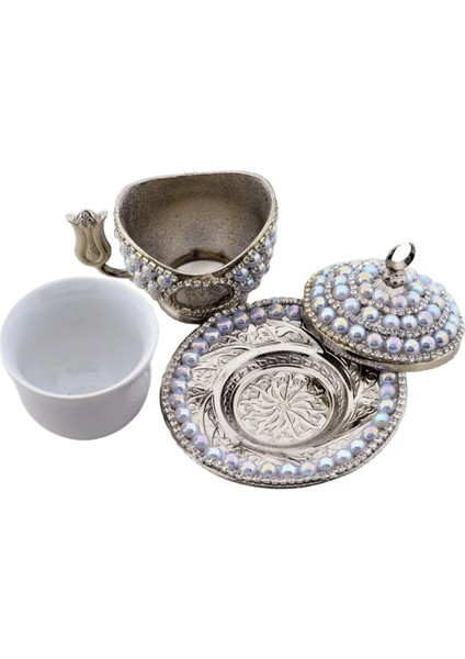 Şık 4 Parça Gümüş Renk Lale Saplı ve Taşlı Fincan Seti fiyatları