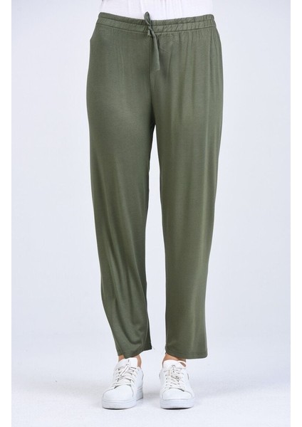 Pamuklu Viskon Ince Yazlık Cepli Jumbo Penye Pijama Pantolon Haki - S-M modelleri