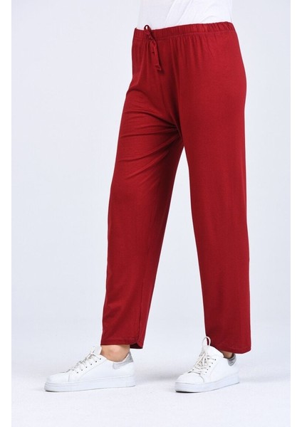 Pamuklu Viskon Ince Yazlık Cepli Jumbo Penye Pijama Pantolon Bordo - 4xl
