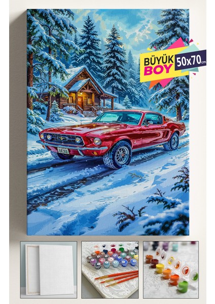 Sayılarla Boyama Seti Numaralı Tuval Fırça Boya Dahil Kasnaklı Set 50X70 cm - Kırmızı Kar Araba