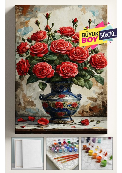 Sayılarla Boyama Seti Numaralı Tuval Fırça Boya Dahil Kasnaklı Set 50X70 cm - Kırmızı Vazo Gül
