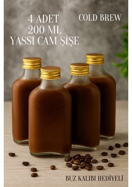4 Adet Şeffaf Cold Brew Sızdırmaz Kapaklı Soğuk Kahve Yassı Cam Şişe 200 ml ve Çubuk Buz Kalıbı