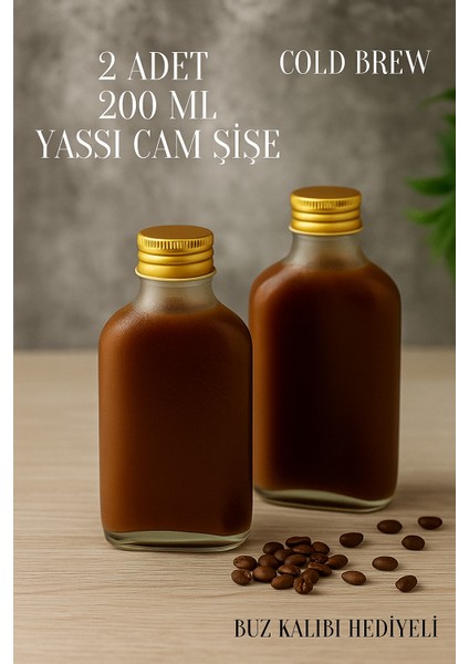2 Adet Şeffaf Cold Brew Kapaklı Soğuk Kahve Yassı Cam Çok Amaçlı Şişe 200 ml ve Çubuk Buz Kalıbı