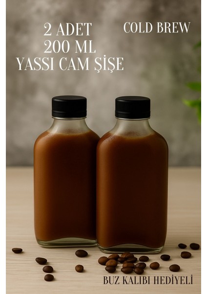 2 Adet Şeffaf Cold Brew Kapaklı Soğuk Kahve Yassı Cam Çok Amaçlı Şişe 200 ml ve Çubuk Buz Kalıbı