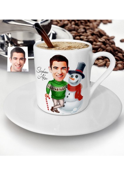 Kişiye Özel Yılbaşı Temalı Renkli Bay Karikatürlü Türk Kahvesi Fincanı (5'li)