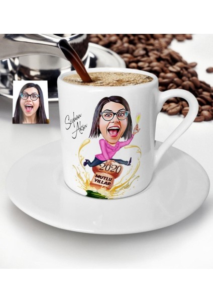 Kişiye Özel Yılbaşı Temalı Renkli Karikatürlü Türk Kahvesi Fincanı 6'lı Set