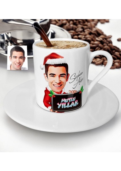 Yılbaşı Temalı Kişiye Özel Bay Karikatürlü Türk Kahvesi Fincanı, 2'li Set