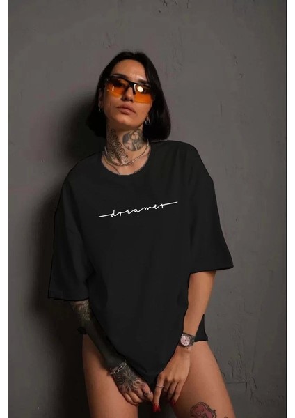 Unisex Kadın Bisiklet Yaka Baskılı T-Shirt - Siyah