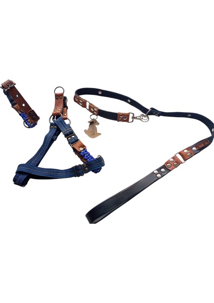 Köpek Göğüs ve boyun tasması gezdirme kayışlı set Kot-Deri Göğüs ölçüsü:45-80cm kayış:135cm Boyun:34-46cm dog harness Tb5-23 modelleri