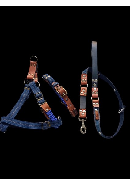 Köpek Göğüs ve boyun tasması gezdirme kayışlı set Kot-Deri Göğüs ölçüsü:45-80cm kayış:135cm Boyun:34-46cm dog harness Tb5-23