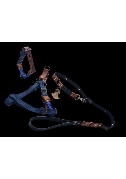 Köpek Göğüs ve boyun tasması gezdirme kayışlı set Kot-Deri Göğüs ölçüsü:45-80cm kayış:135cm Boyun:34-46cm dog harness Tb5-23