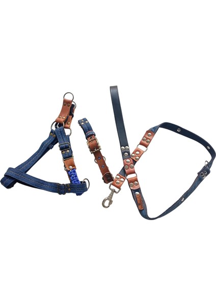 Köpek Göğüs ve boyun tasması gezdirme kayışlı set Kot-Deri Göğüs ölçüsü:45-80cm kayış:135cm Boyun:34-46cm dog harness Tb5-23