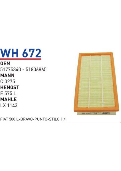 Wh672 Oem 51775340 Oem 51806865 Fıat 500 l bravo punto stılo 1,4 Otomobil hava filtre air filter
