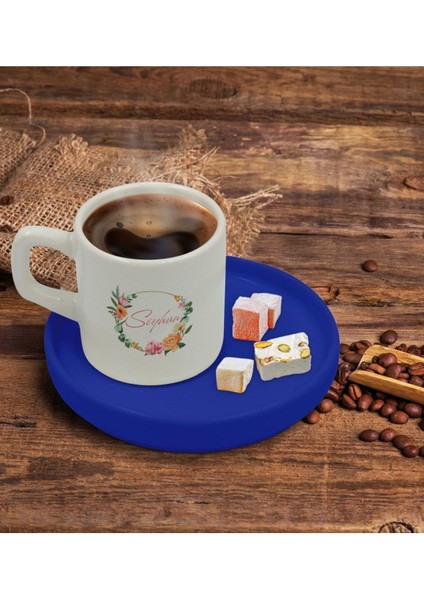 Kişiye Özel Mavi Çiçek Desenli Sunum Fincanı Takımı 10 Kişilik