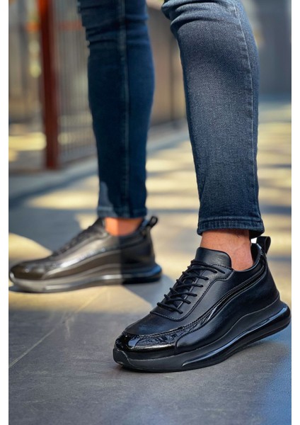 J2419 Ortopedik Taban Günlük Cilt Erkek Sneaker Spor Ayakkabı Cst Siyah