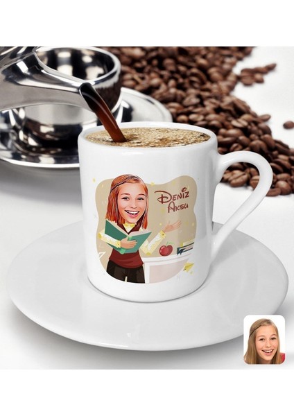 Kişiye Özel Öğretmen Karikatürlü Türk Kahvesi Fincanı, 3'lü Set