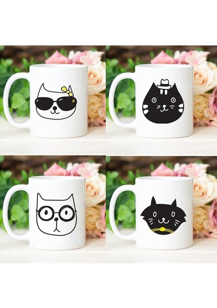 Sevimli Kedili Kahve Fincanı Seti, 4'lü, Beyaz, Espresso ve Türk Kahvesi Için Ideal